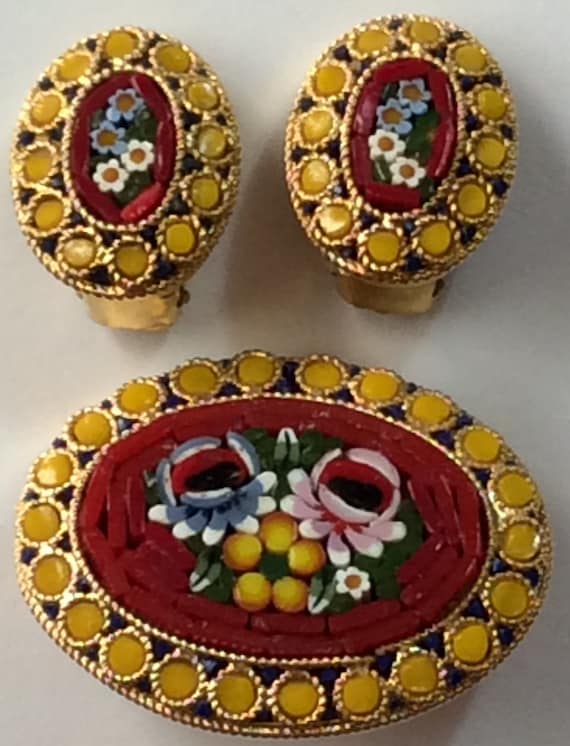 Brooch and Earring set, Vintage Mosaic set, Itali… - image 1