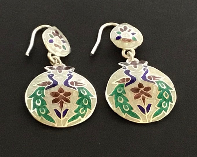 Earrings, Enamelled Sterling Silver, Handmade Earrings, Enamelled  Peacock