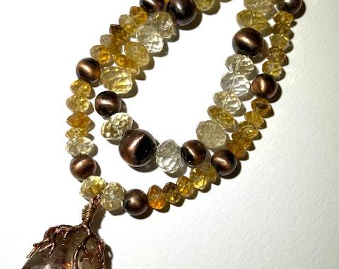 Necklace, Citrine, Golden Rutillated Quartz and Copper Necklace, Designer jewelry, One-of-a-kind, Gemstone beading, Gemstone jewelry