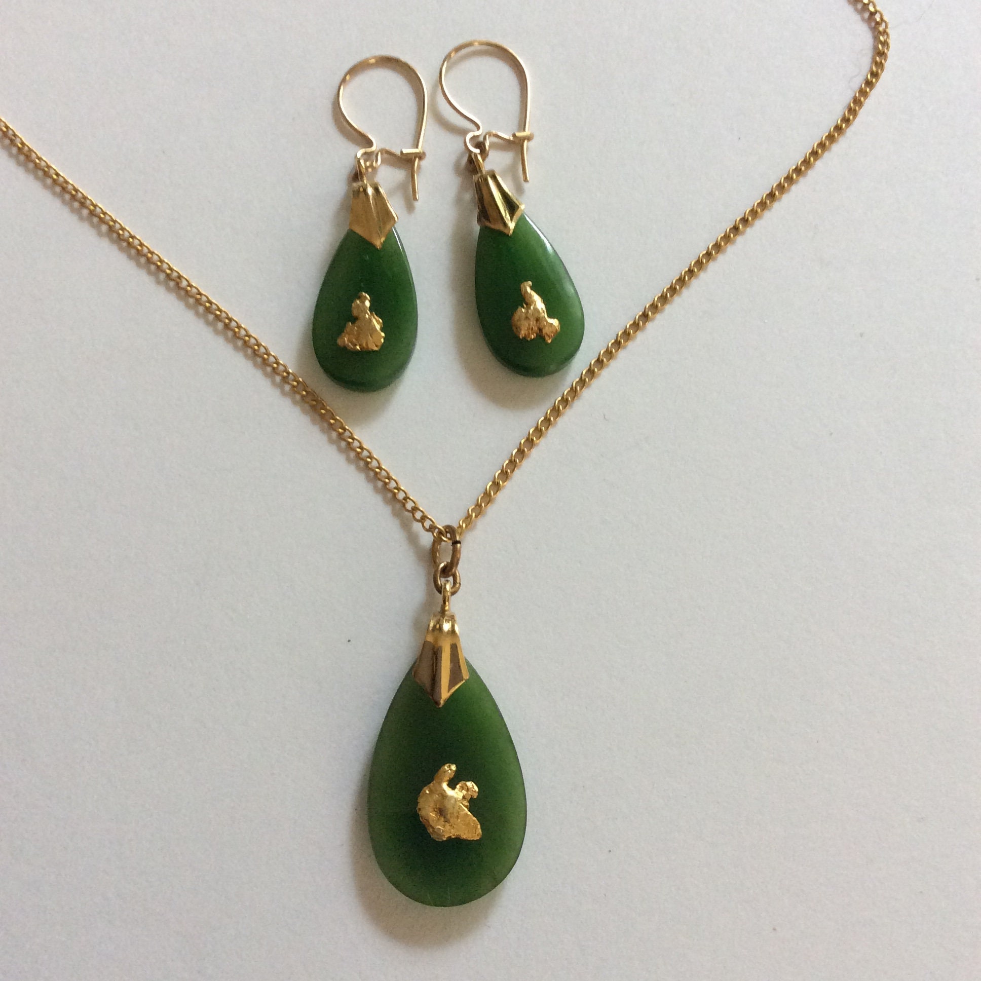 Green Jade and Gold Nugget Necklace Set, Nephrite Jade Jewelry ...