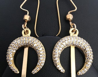 Earrings, Crescent, Cubic Zirconia Crescents, Crescent and Bar Earrings