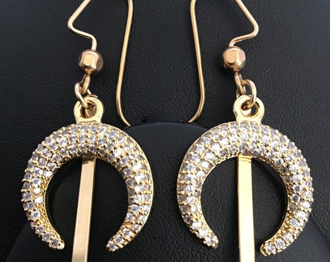 Earrings, Crescent, Cubic Zirconia Crescents, Crescent and Bar Earrings