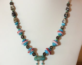 Necklace, Turquoise Jewelry, Turquoise and Spiny Oyster, Spiny Oyster, Turquoise, Tribal Turquoise Necklace, Tribal Style, Primative Style