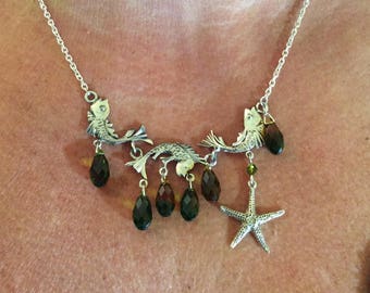 Necklace, Seaside, Sterling Silver, Fish, Swarovski Crystals,  Sea theme