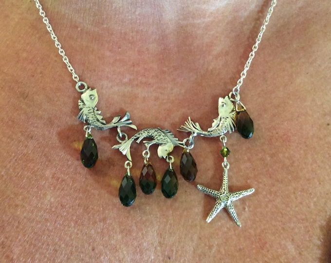 Necklace, Seaside, Sterling Silver, Fish, Swarovski Crystals,  Sea theme