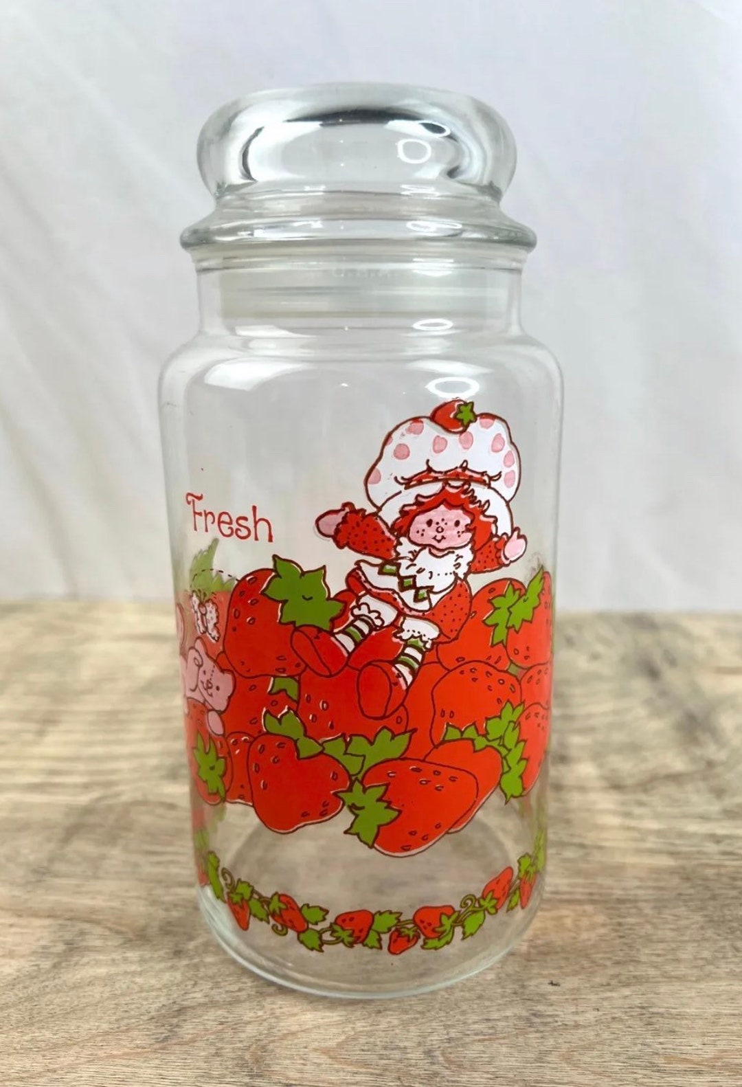 Vintage 1980 Strawberry Shortcake Glass Storage Canister Candy Jar “Berry Good”