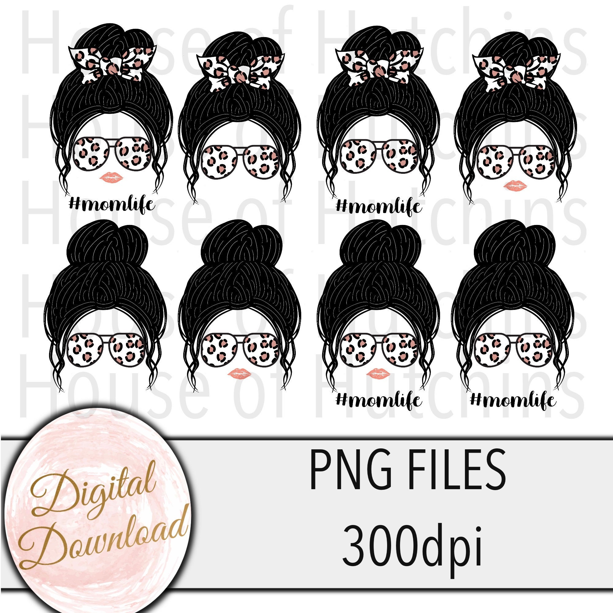 Download Bundle of 8 Messy Bun Mom Life Leopard bow PNGs momlife | Etsy