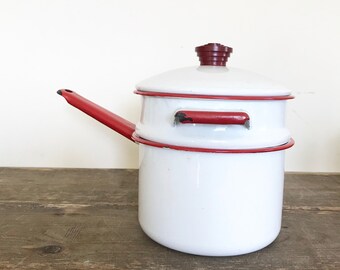 Vintage Enamel Pot / Vintage Enamelware Double Boiler