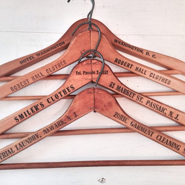 Set of Vintage Wooden Hangers with Advertising / Antique Wooden Tailor & Hotel Hangers