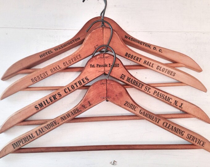Set of Vintage Wooden Hangers With Advertising / Antique Wooden Tailor