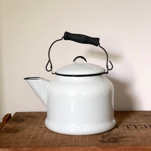 Vintage Enamel Teapot / Enamel Tea Kettle / Vintage Black and White Enamelware Teapot
