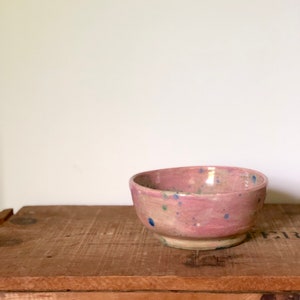 Vintage Pink Stoneware Bowl / Handmade Pottery Bowl Pink and Blue / 1990s Pottery
