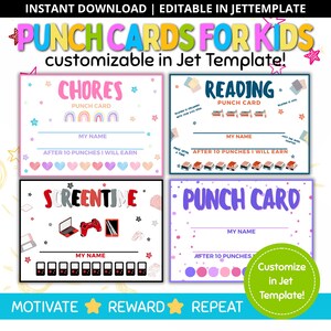 Pode incluir: Um conjunto de quatro cartões perfurados coloridos para crianças, com títulos para tarefas, leitura e tempo de tela. Os cartões são personalizáveis no Jet Template e apresentam espaços para nomes e recompensas. O design inclui estrelas, corações e arco-íris.