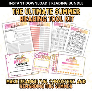 May include: A collection of printable summer reading tools, including a book review sheet, book log, bingo card, and reward coupons. The kit is designed to make reading fun and rewarding. The text on the image says "The Ultimate Summer Reading Tool Kit".