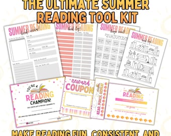 May include: A set of printable summer reading tools, including a book review sheet, book log, bingo card, and reward coupons. The kit is designed to make reading fun and rewarding. The text on the image says "The Ultimate Summer Reading Tool Kit".