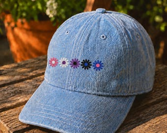 Embroidered Genderfluid Pride Daisy Chain Denim Dad Hat, 100% Cotton Baseball Cap
