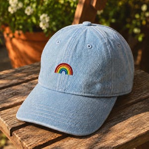 May include: A light blue denim baseball cap featuring a small, embroidered rainbow graphic on the front center. The cap has a six-panel construction with stitched eyelets, a curved brim, and a button at the top, showcasing a washed fabric texture.