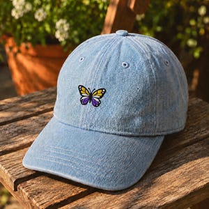 Embroidered Nonbinary Pride Butterfly Denim Dad Hat, 100% Cotton Baseball Cap