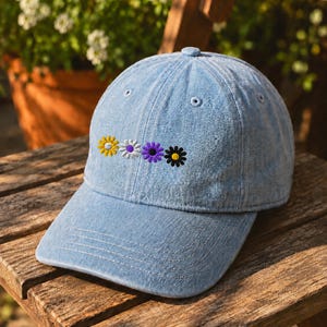 Embroidered Nonbinary Pride Daisy Chain Denim Dad Hat, 100% Cotton Baseball Cap