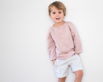 Jungen Ringträgeranzug, Hochzeitsoutfit - 2tlg Leinen Set: Shorts + Henley Hemd