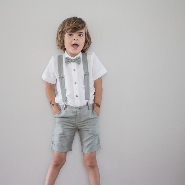 sage green ring bearer outfit, toddler suspender outfit, boys wedding suit, shorts with suspenders, white shirt with bow tie