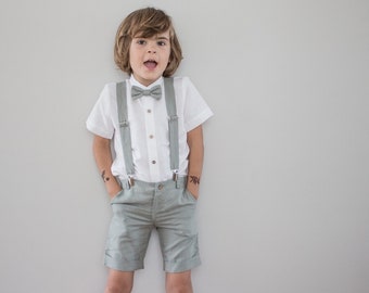 sage green ring bearer outfit, toddler suspender outfit, boys wedding suit, shorts with suspenders, white shirt with bow tie