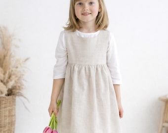 Mädchen Leinenkleid mit Schürze - Mädchenkleid Blumenmädchenkleid Taufkleid Taufoutfit Hochzeitskleid Kleid zur Einschulung