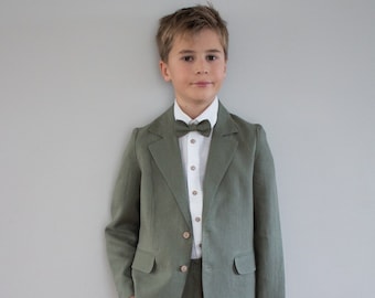 Costume porte-alliances garçon, tenue de mariage enfant - Tenue 4 pièces en lin vert : pantalon + chemise + veste + noeud papillon enfant