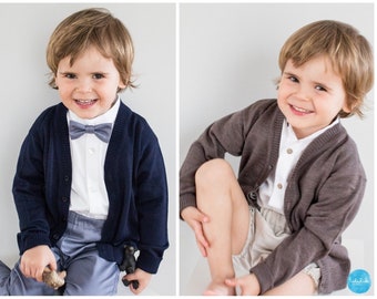 Dark blue wool cardigan (100% Merino) - brown cardigan - boys&#39; wedding outfit, christening outfit, baptism outfit - Ready-to-Ship