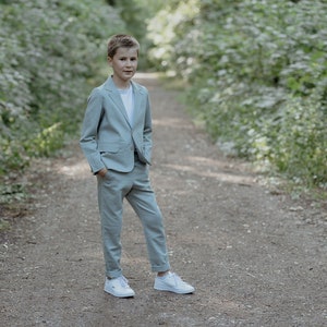 boys sage green suit, ring bearer, communion outfit, toddler page boy suit: blazer with pocket for pocket square + pants