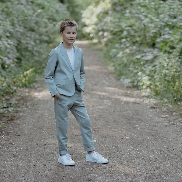 traje de lino para niños sage güner: blazer + pantalón - traje de novia, traje de portador de anillos, traje de comunión, traje de niño, traje de novia