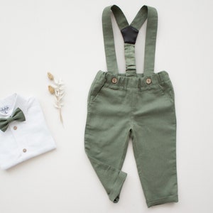smoke green boys wedding outfit, page boy outfit, ring bearer outfit - 2 pcs toddler linen suit: pants with suspenders + bow tie