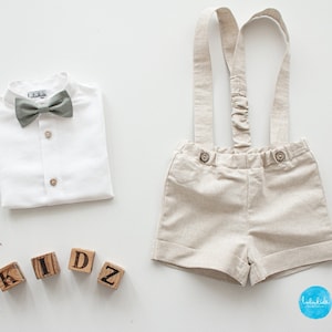 Sales - baby boy wedding outfit, christening outfit, baptism outfit, wedding suit - 2pcs natural linen outfit: shorts with straps + bow tie