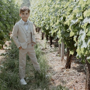 boys linen wedding suit, page boy toddler wedding outfit, ring bearer outfit set - 2 pcs boy linen set: pants  + bow tie