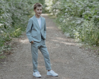 boys sage green suit, ring bearer, communion outfit, toddler page boy suit: blazer with pocket for pocket square + pants