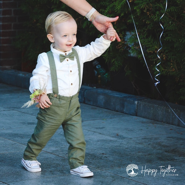smoke green ring bearer outfit, boys linen pants with suspenders, page boy suit set, toddler linen suspender pants - Ready-to-Ship