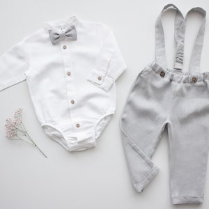 baby boy wedding outfit, wedding suit, page boy outfit, ring bearer outfit - 2 pcs  boy linen outfit: light gray pants with straps + bow tie