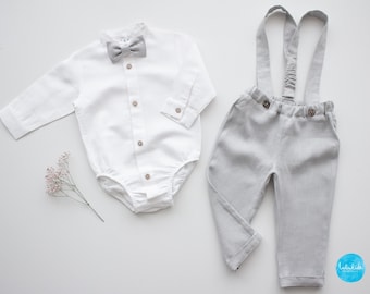 baby boy wedding outfit, wedding suit, page boy outfit, ring bearer outfit - 2 pcs  boy linen outfit: light gray pants with straps + bow tie