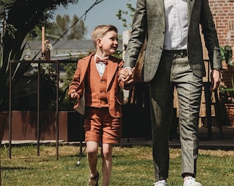 linen rust boys wedding suit, toddler ring bearer outfit, page boy suit  - 3 pcs boys outfit: shorts + suit vest + white shirt