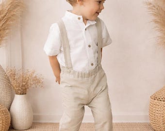 beige boys linen suspender pants - boys wedding pants, ring bearer outfit, wedding suit - ready-to-ship