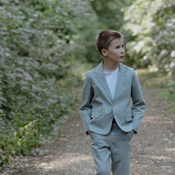 Jungen salbei grün Leinen Sakko, Jackett, Blazer mit Einstecktuchtasche - Hochzeitsanzug, Ringträgeroutfit, Page Boy Anzug, Kommunion Outfit