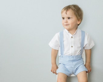 baby boy carrier pants, boys wedding outfit, baptism suit - linen shorts with suspenders
