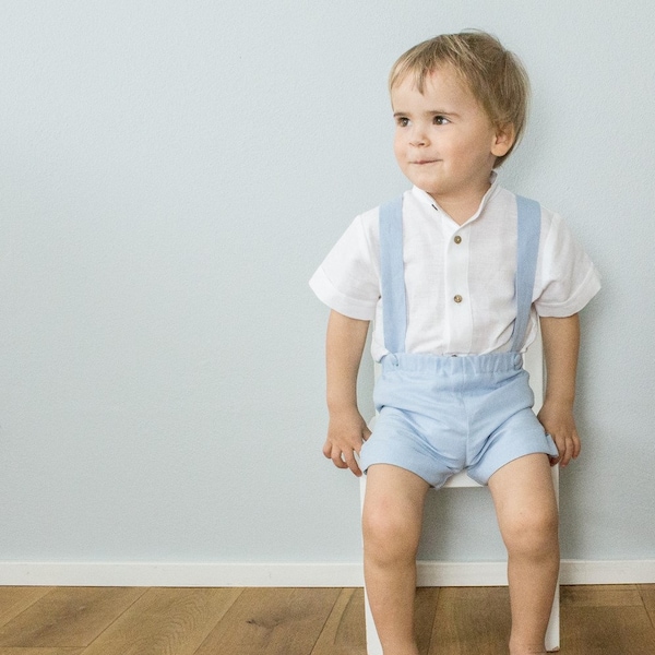 baby boy wedding outfit, toddler linen suspender shorts, baby baptism pants - linen shorts with straps