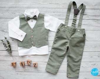 boho green linen ring bearer outfit for boys, toddler wedding attire, wedding suit set with suspender pants and vest