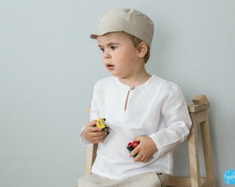 Boy toddler ring bearer outfit, baptism outfit, wedding outfit - white linen shirt with v-neck