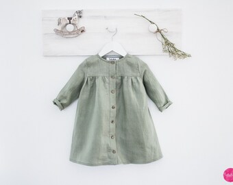 smoke green baby girl linen button down dress