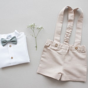 Sales - Baby boy christening outfit, ring bearer outfit, wedding outfit, baptism suit, birthday outfit - beige shorts with suspenders