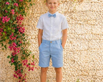 REBAJAS - Talla 146 - Traje de niño para bodas, traje de portador de anillos, traje de paje, bermudas, traje de bautizo, traje de boda - Pantalones cortos de lino para niño, azul claro