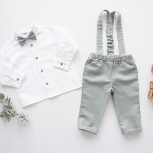 baby boy wedding outfit, boys wedding suit, toddler page boy outfit, ring bearer outfit 2 pcs suit set: pants with suspenders bow tie image 2