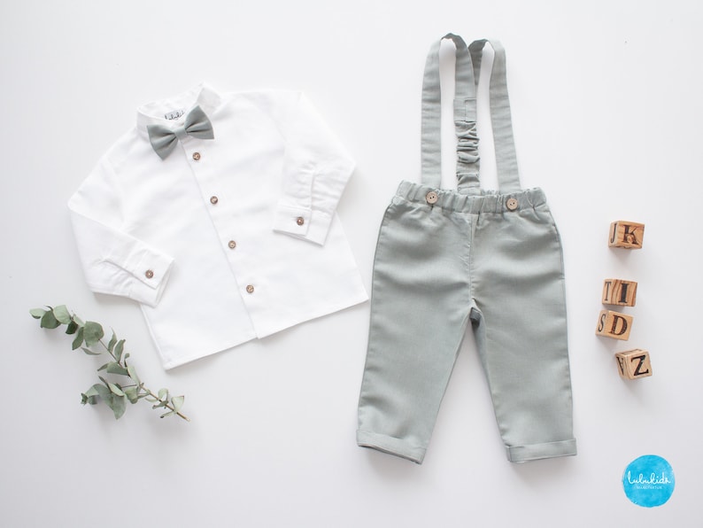 baby boy wedding outfit, boys wedding suit, toddler page boy outfit, ring bearer outfit 2 pcs suit set: pants with suspenders bow tie image 2
